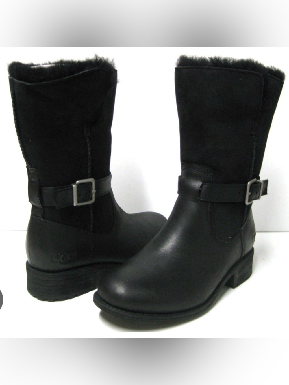 UGG Black Shearling-Trim Mid-Calf Buckle Boots